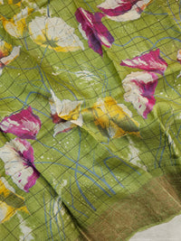 Green Checks Tussar Silk Saree with Kanchi Border