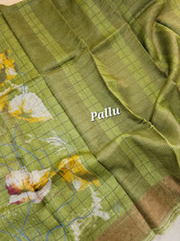 Green Checks Tussar Silk Saree with Kanchi Border