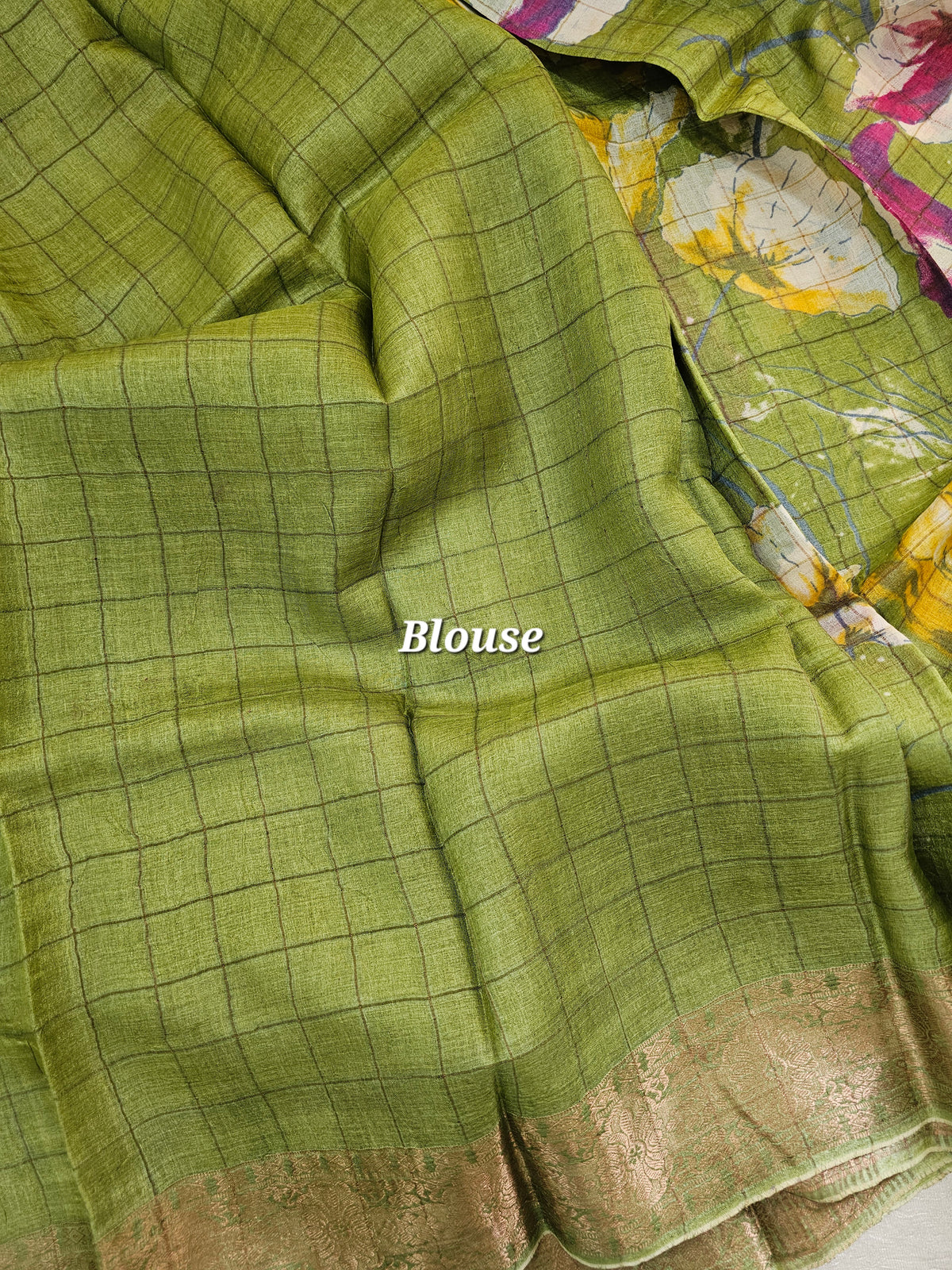 Green Checks Tussar Silk Saree with Kanchi Border