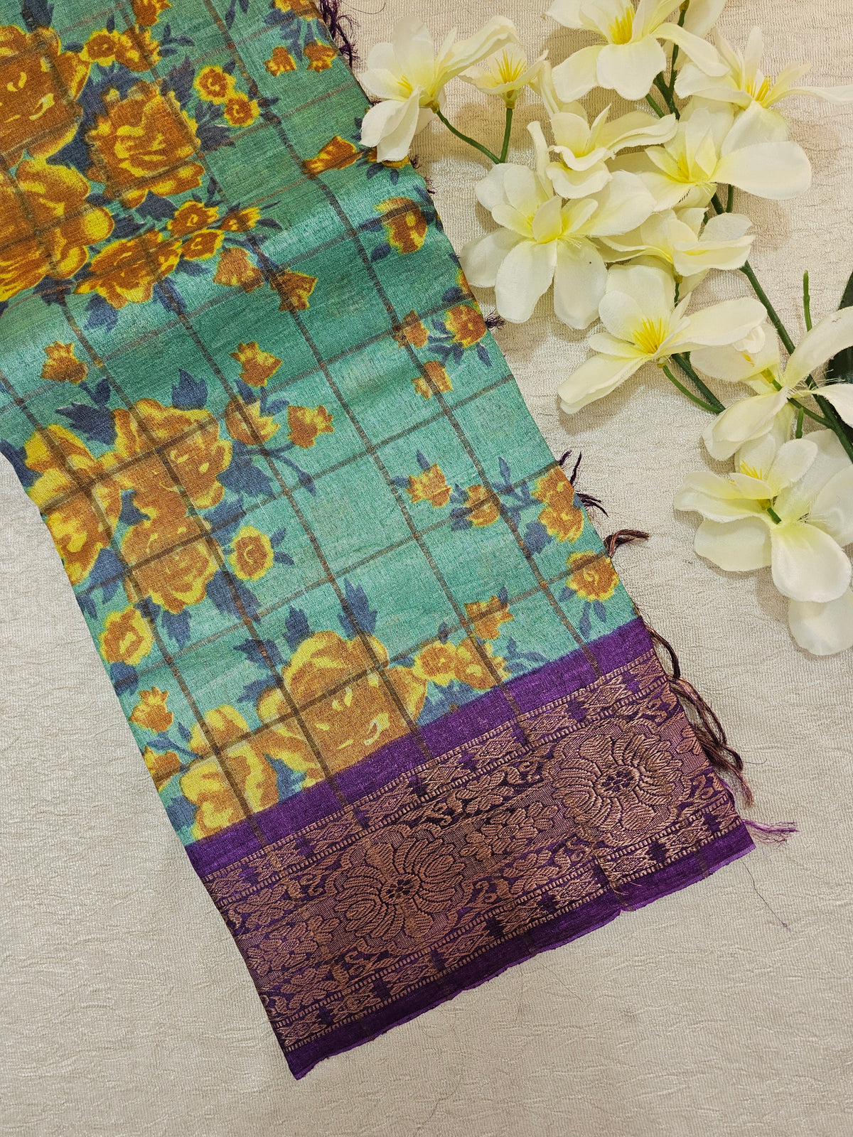 Sea Green with Violet Checks Tussar Silk Saree with Kanchi Border