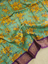 Sea Green with Violet Checks Tussar Silk Saree with Kanchi Border