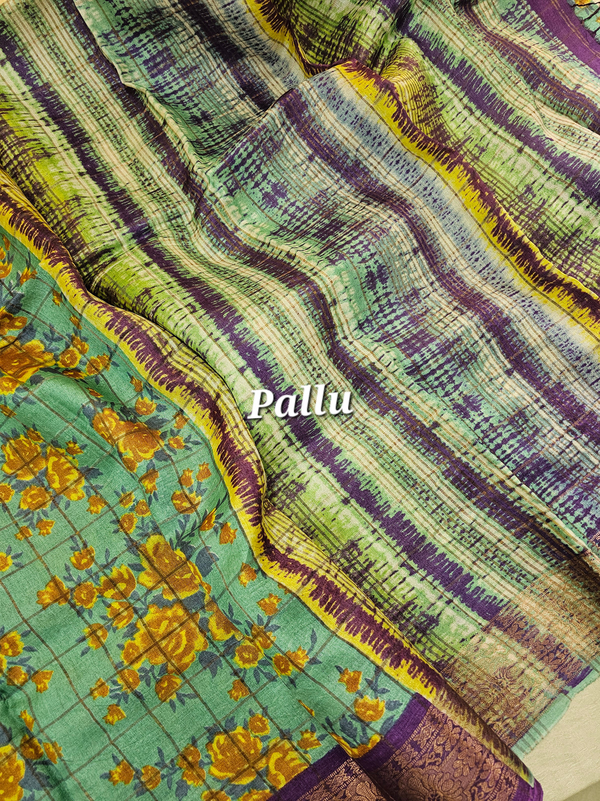 Sea Green with Violet Checks Tussar Silk Saree with Kanchi Border