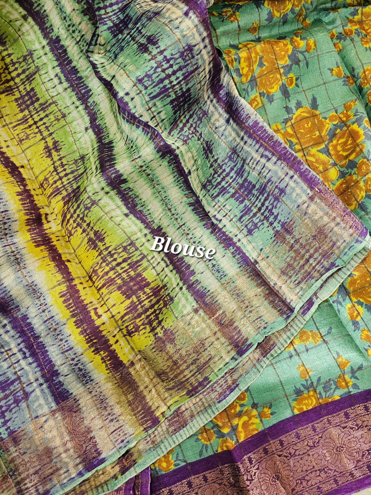 Sea Green with Violet Checks Tussar Silk Saree with Kanchi Border