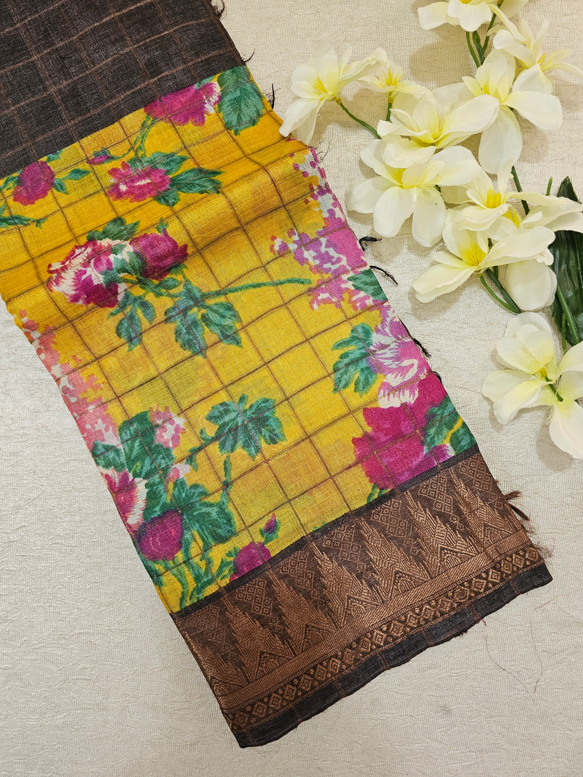 Dark Brown with Yellow Tussar Silk Saree with Kanchi Border