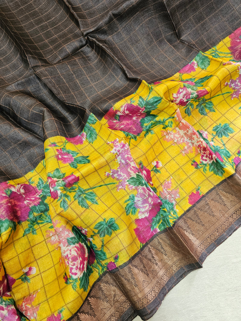 Dark Brown with Yellow Tussar Silk Saree with Kanchi Border