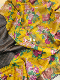 Dark Brown with Yellow Tussar Silk Saree with Kanchi Border