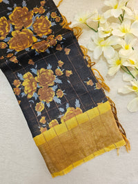 Black with Yellow Checks Tussar Silk Saree with Kanchi Border