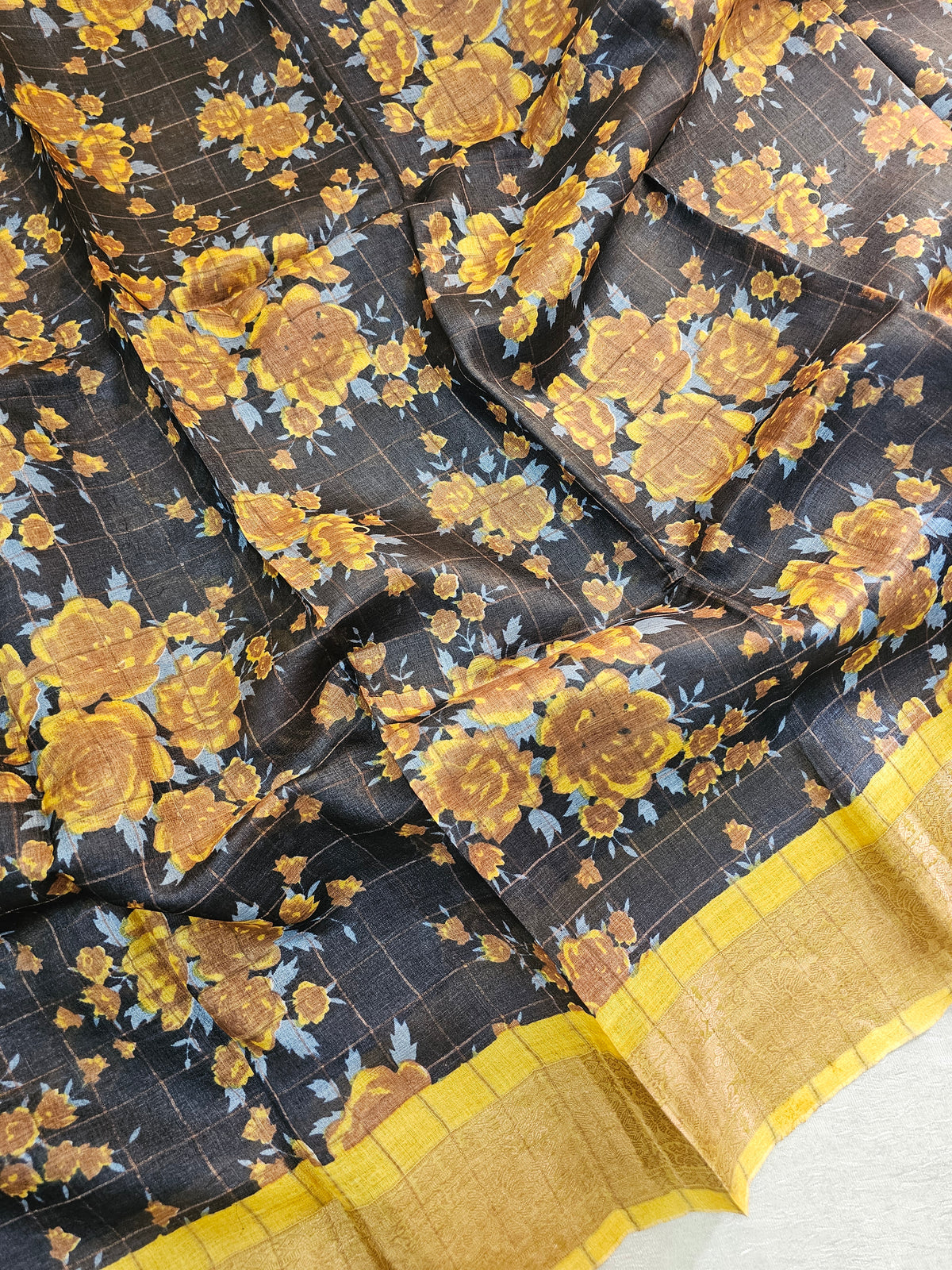 Black with Yellow Checks Tussar Silk Saree with Kanchi Border