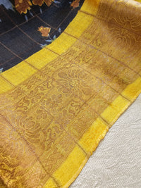 Black with Yellow Checks Tussar Silk Saree with Kanchi Border