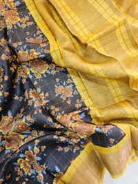 Black with Yellow Checks Tussar Silk Saree with Kanchi Border