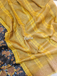 Black with Yellow Checks Tussar Silk Saree with Kanchi Border