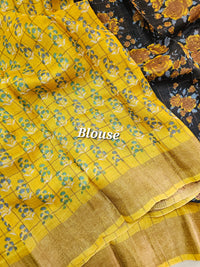 Black with Yellow Checks Tussar Silk Saree with Kanchi Border