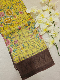 Yellow with Brown Checks Tussar Silk Saree with Kanchi Border