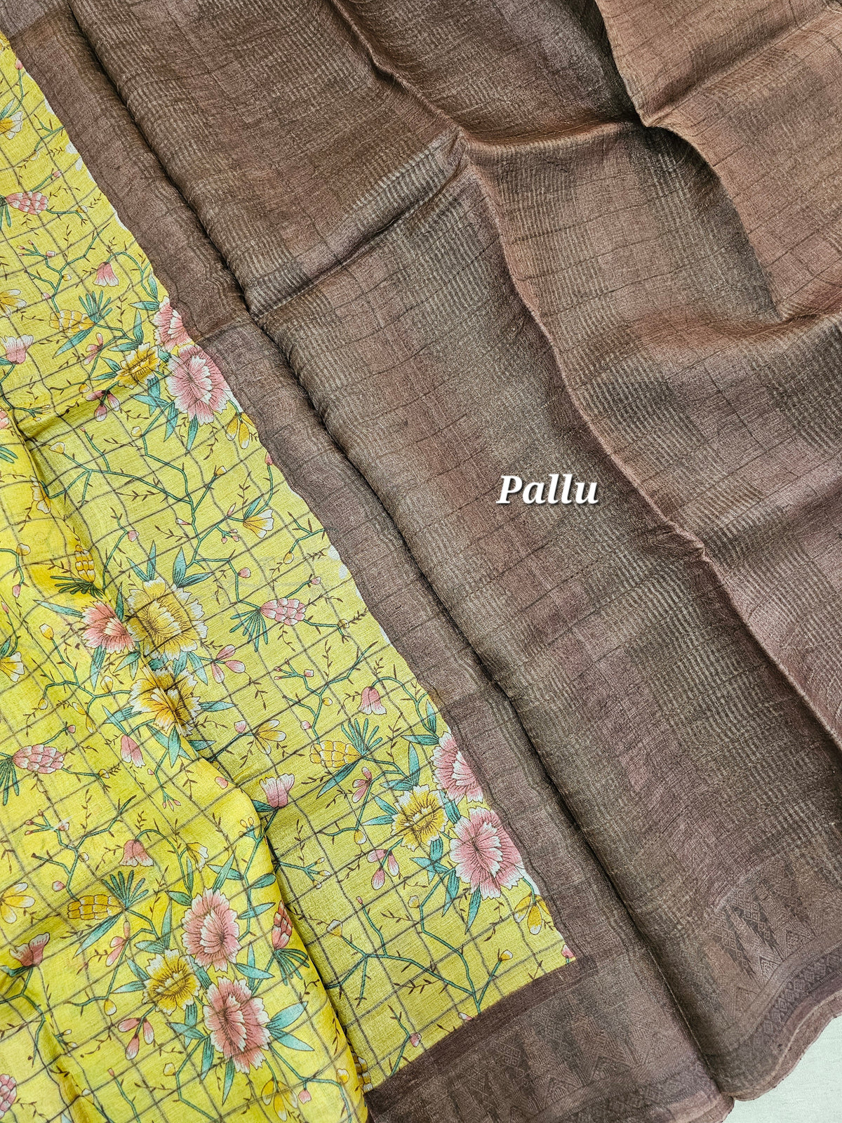 Yellow with Brown Checks Tussar Silk Saree with Kanchi Border