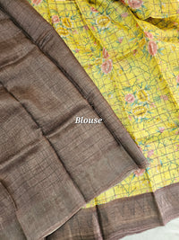 Yellow with Brown Checks Tussar Silk Saree with Kanchi Border