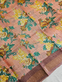 Peach with Brown Tussar Silk Saree with Kanchi Border