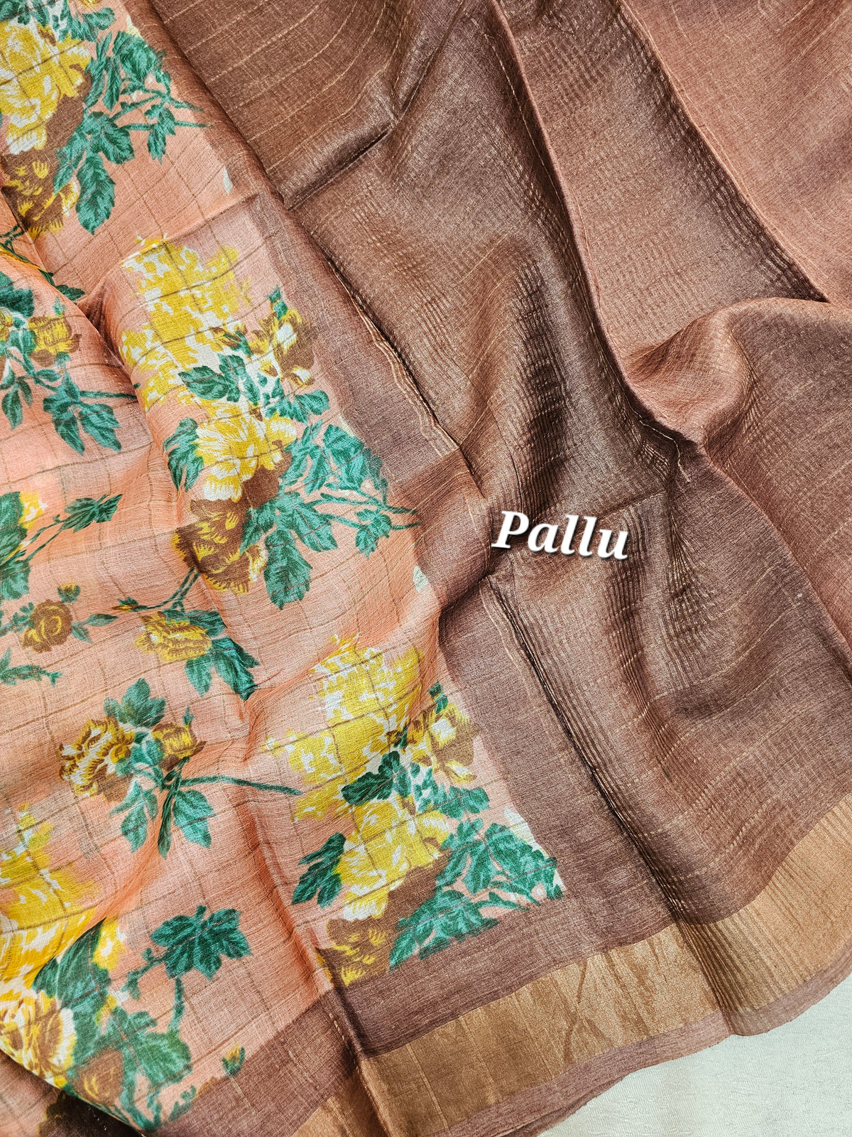 Peach with Brown Tussar Silk Saree with Kanchi Border