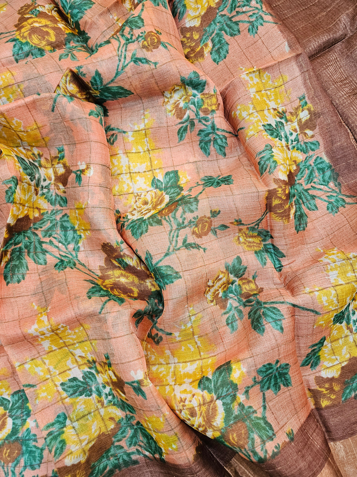 Peach with Brown Tussar Silk Saree with Kanchi Border