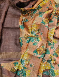 Peach with Brown Tussar Silk Saree with Kanchi Border