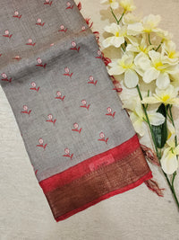 Grey with Red Tussar Silk Saree with Kanchi Border