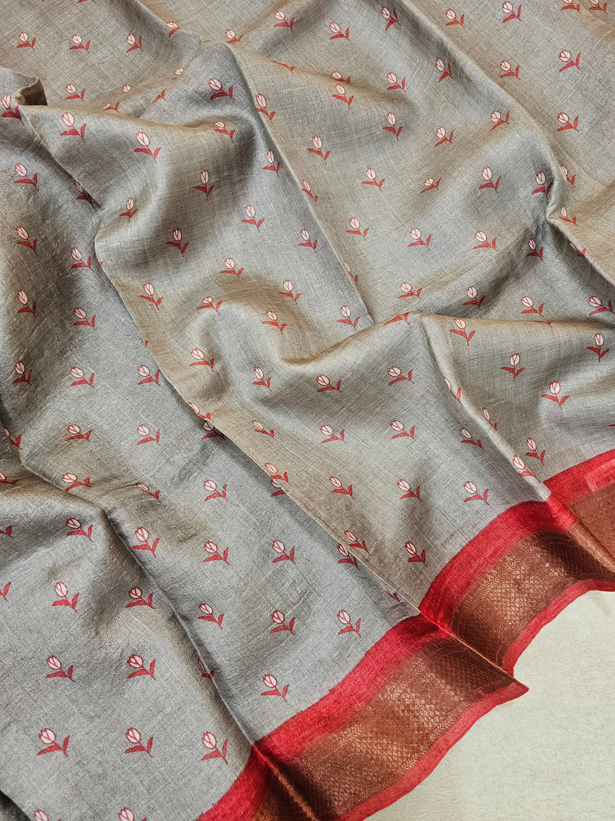 Grey with Red Tussar Silk Saree with Kanchi Border