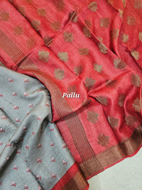 Grey with Red Tussar Silk Saree with Kanchi Border