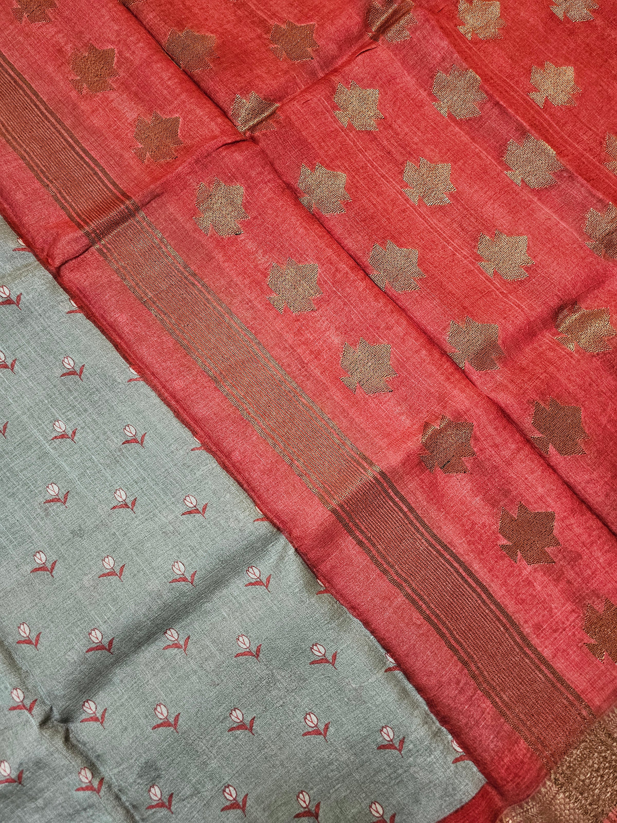 Grey with Red Tussar Silk Saree with Kanchi Border