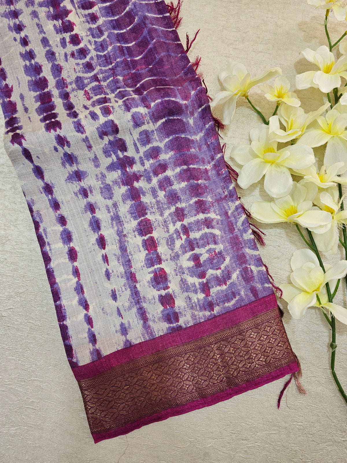 Violet with Magenta Pink Shibori Tussar Silk Saree with Kanchi Border