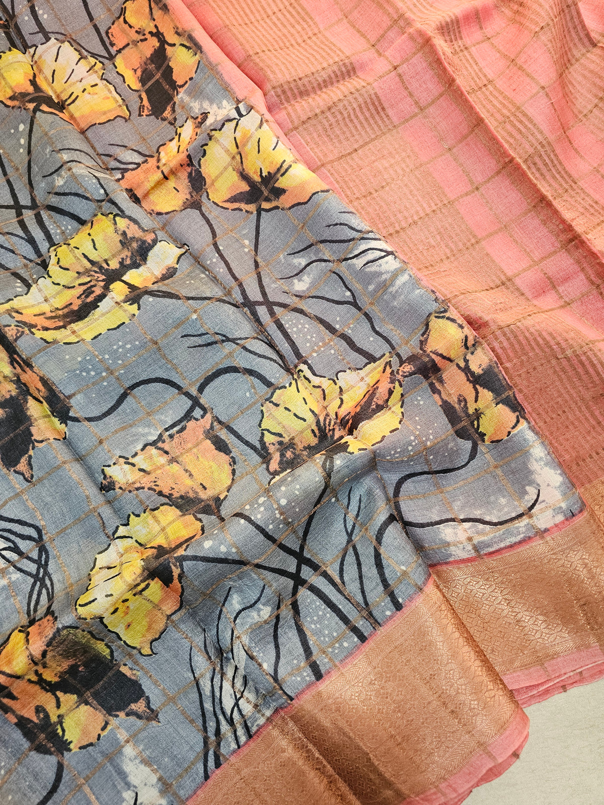 Grey with Peach Tussar Silk Saree with Kanchi Border