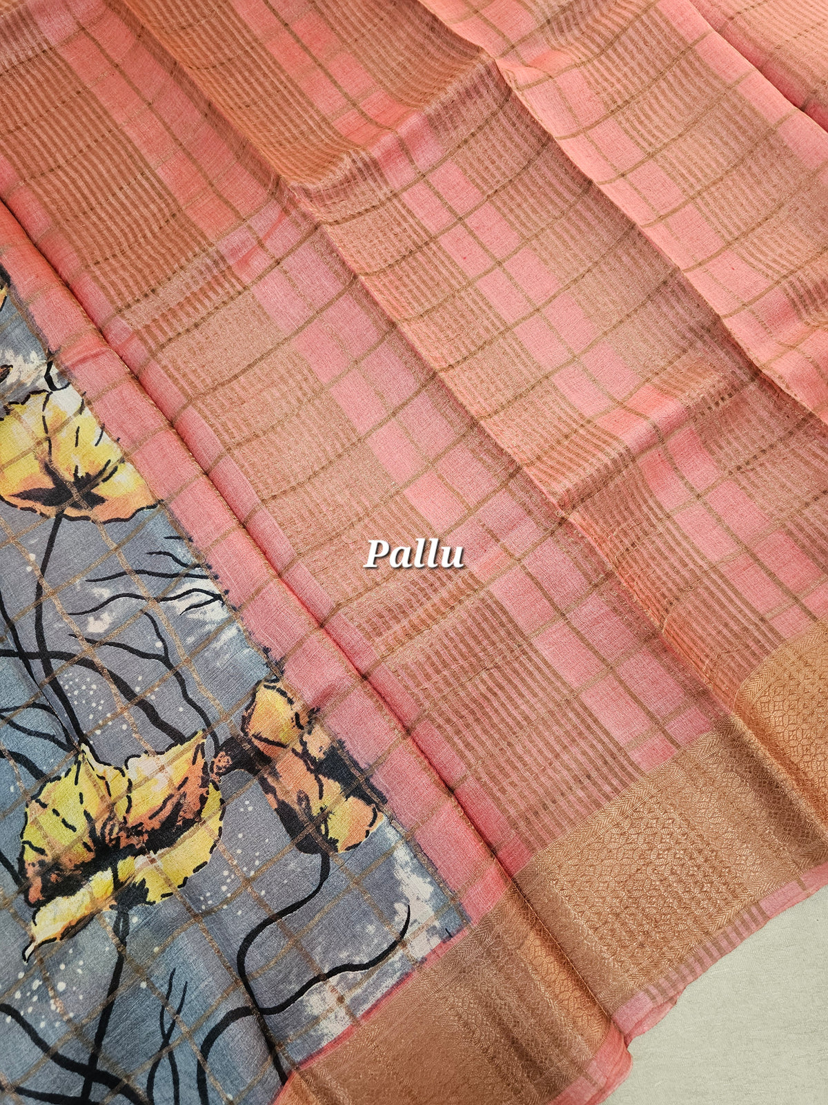 Grey with Peach Tussar Silk Saree with Kanchi Border