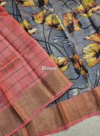 Grey with Peach Tussar Silk Saree with Kanchi Border