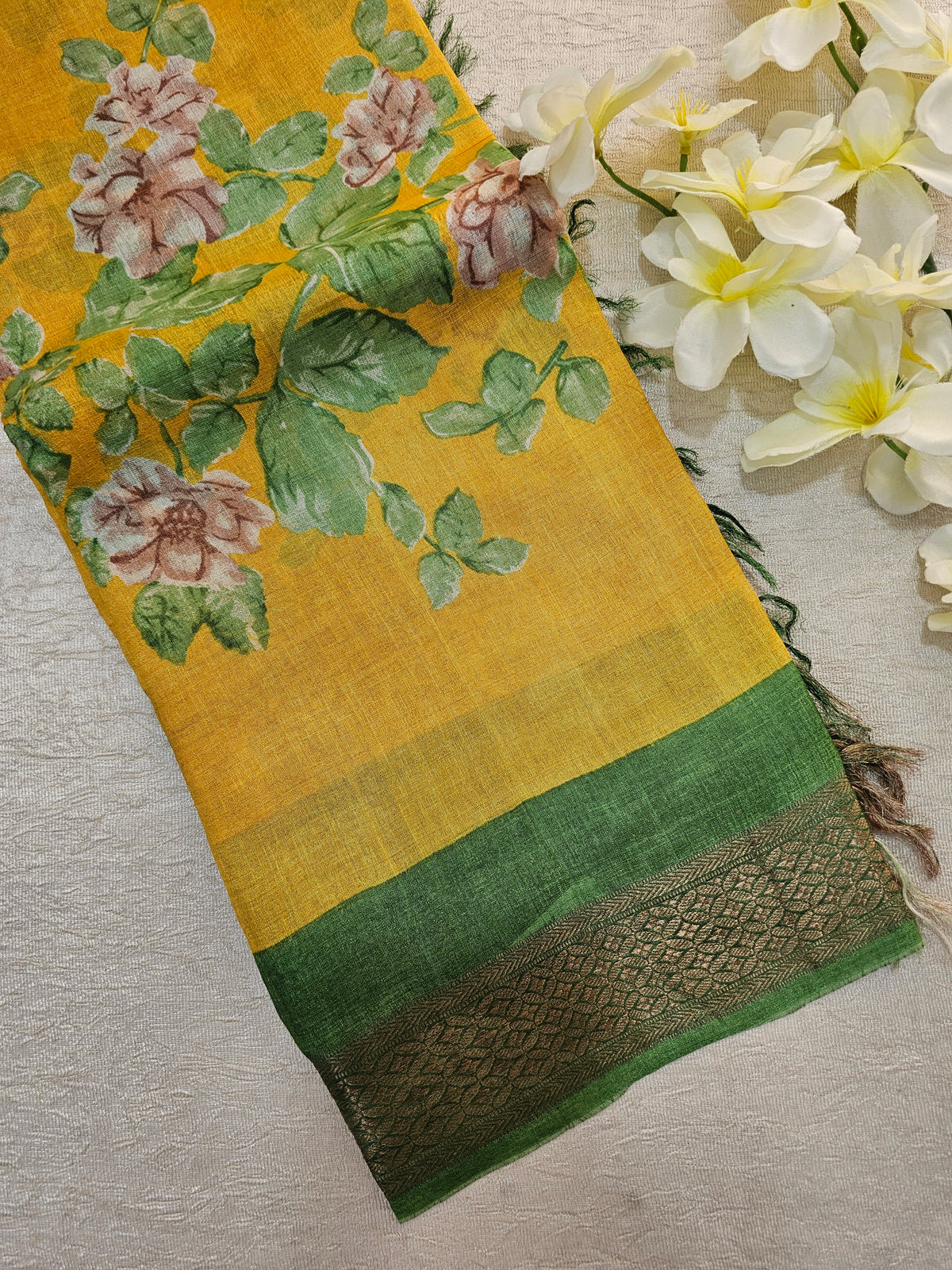 Yellow with Green Tussar Silk Saree with Kanchi Border