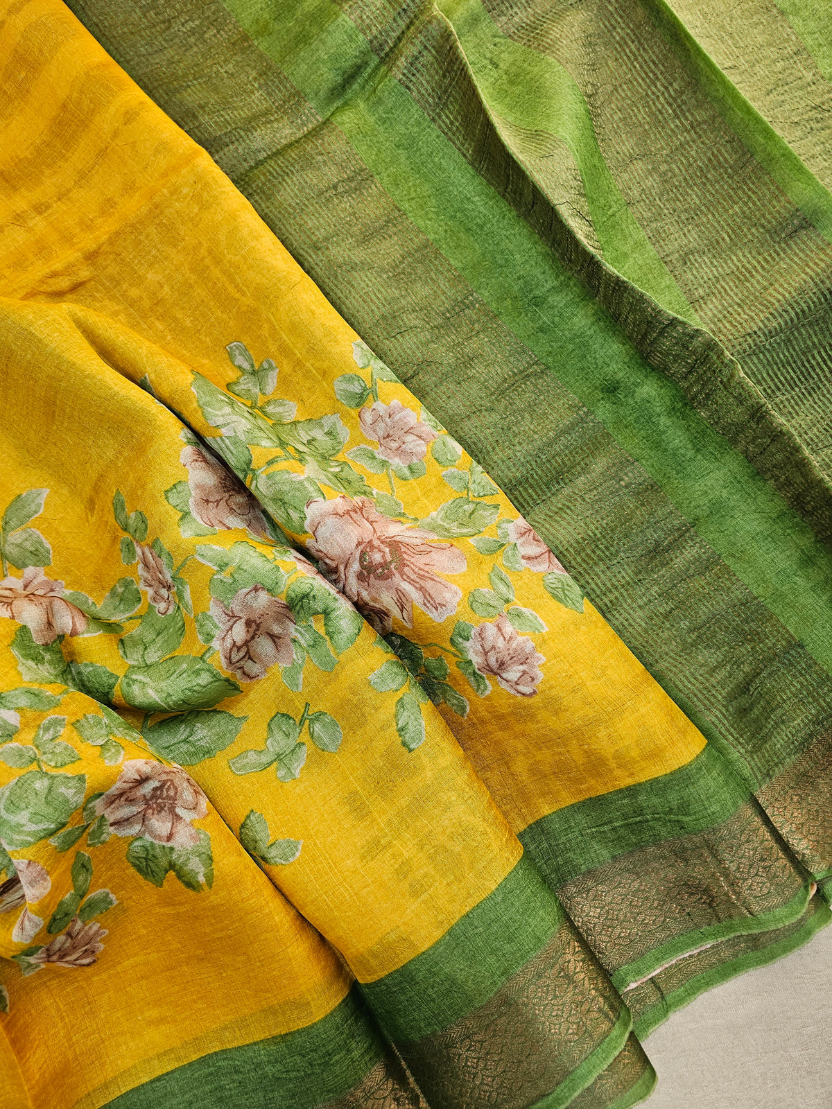 Yellow with Green Tussar Silk Saree with Kanchi Border