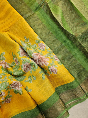 Yellow with Green Tussar Silk Saree with Kanchi Border