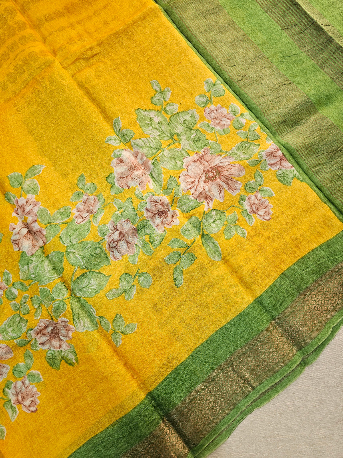 Yellow with Green Tussar Silk Saree with Kanchi Border