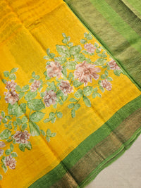 Yellow with Green Tussar Silk Saree with Kanchi Border