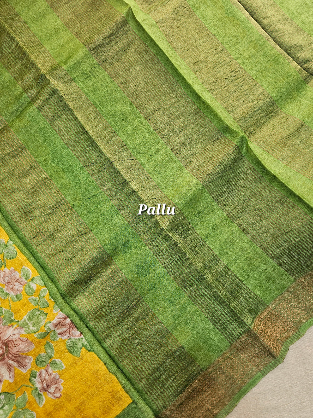 Yellow with Green Tussar Silk Saree with Kanchi Border