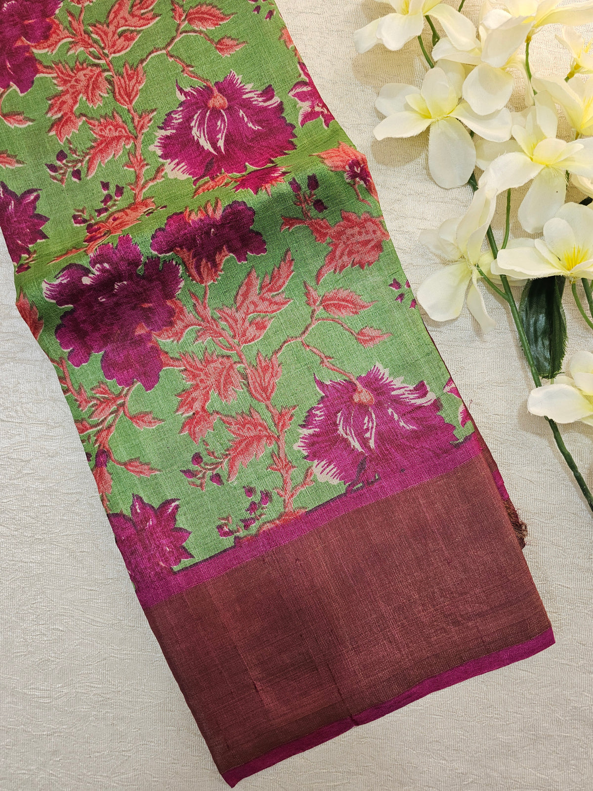 Green with Pink Tussar Silk Saree with Zari Border