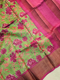 Green with Pink Tussar Silk Saree with Zari Border