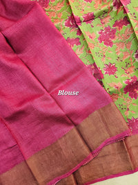 Green with Pink Tussar Silk Saree with Zari Border