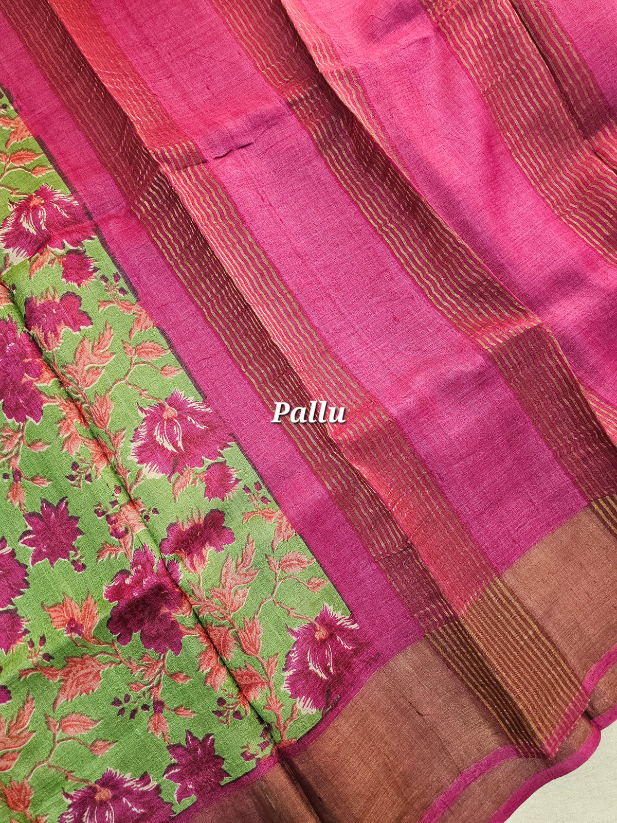 Green with Pink Tussar Silk Saree with Zari Border