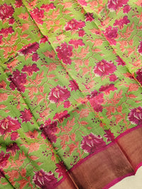 Green with Pink Tussar Silk Saree with Zari Border