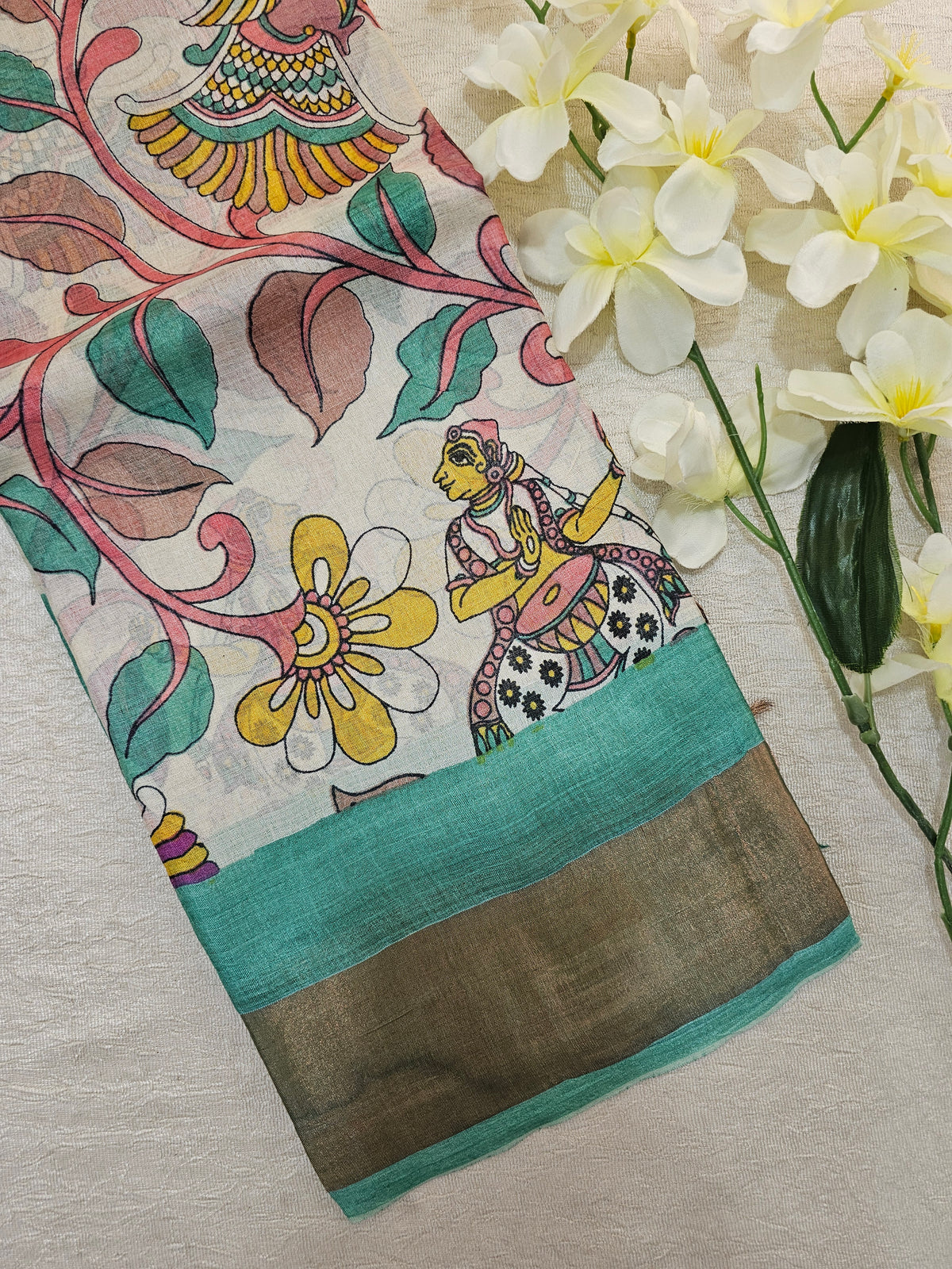 Sea Green Kalamkari Tussar Silk Saree with Zari Border