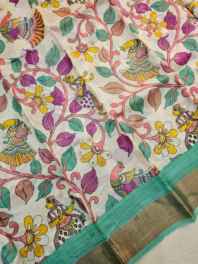 Sea Green Kalamkari Tussar Silk Saree with Zari Border