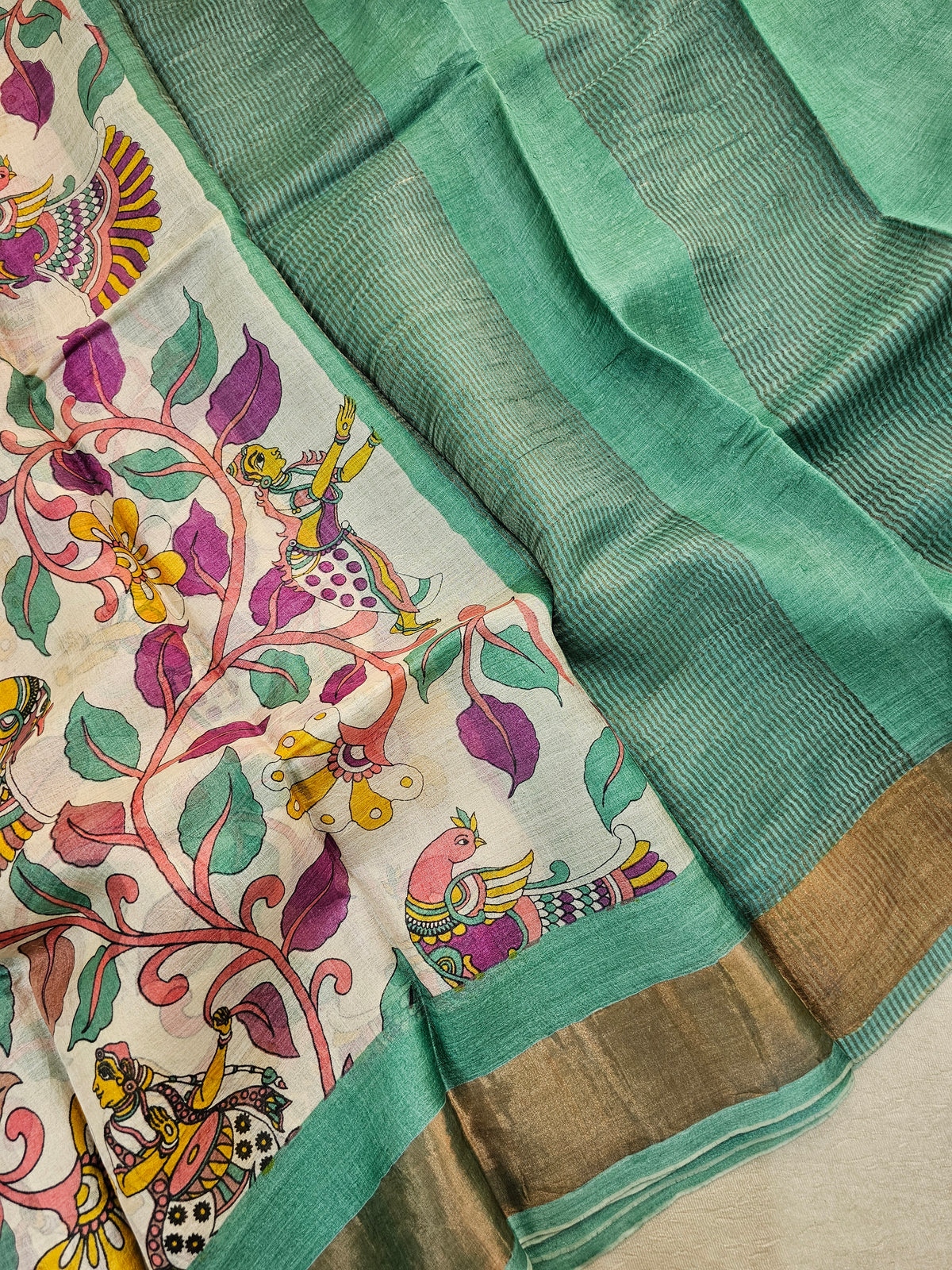 Sea Green Kalamkari Tussar Silk Saree with Zari Border