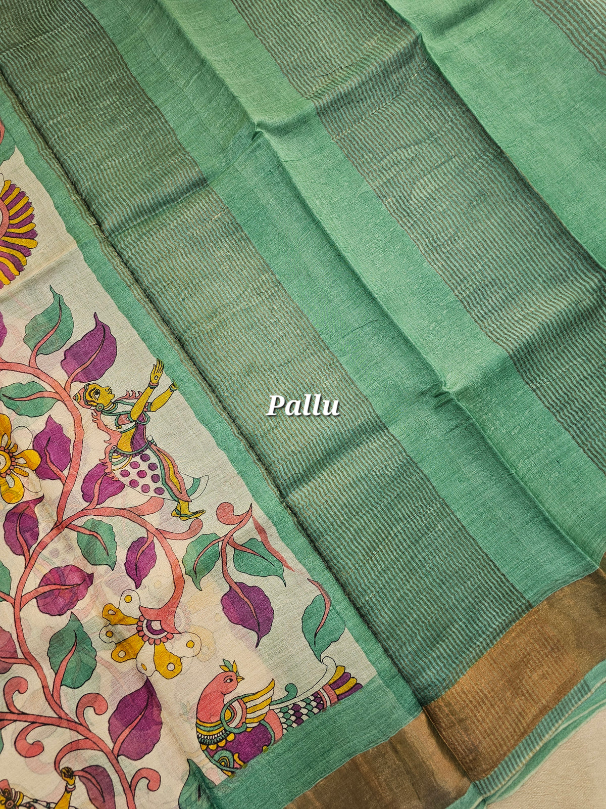 Sea Green Kalamkari Tussar Silk Saree with Zari Border
