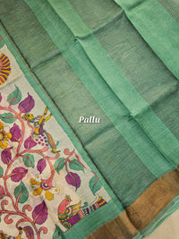 Sea Green Kalamkari Tussar Silk Saree with Zari Border