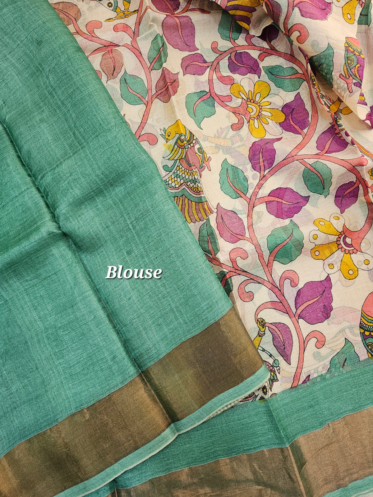 Sea Green Kalamkari Tussar Silk Saree with Zari Border