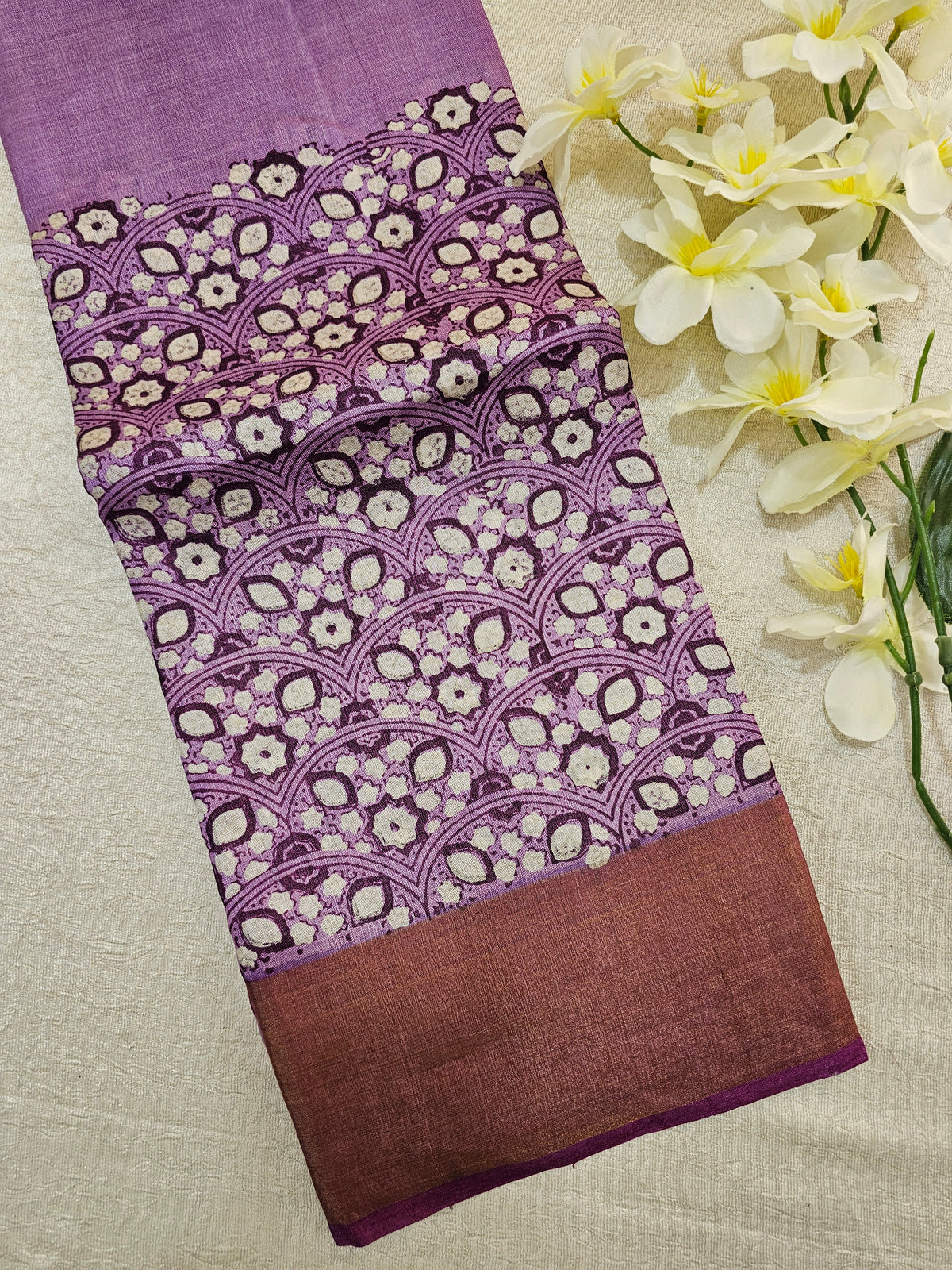 Lavender with Magenta Pink Tussar Silk Saree with Zari Border