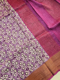 Lavender with Magenta Pink Tussar Silk Saree with Zari Border